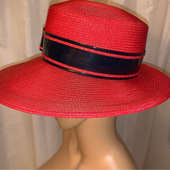VINTAGE red straw/silk Delia hat SAINT LAURENT PARIS patent leather & silk trim - Picture 13 of 14